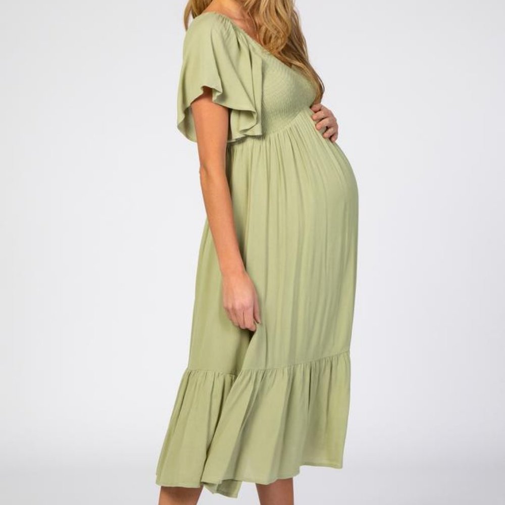 Light Olive Smocked Ruffle Maternity Dress